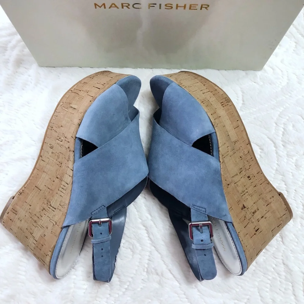 Marc Fisher Suede Slingback Wedge Sandals Size 7.5 Cross Band Open Toe Blue BNIB
